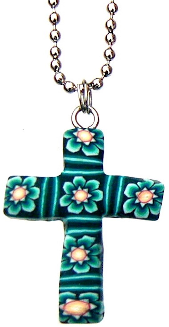 Necklace-Green Fimo Flowered Cross-18