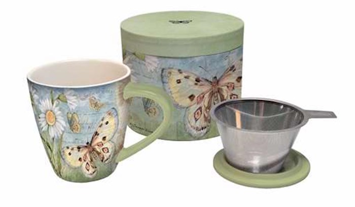 Tea Infuser Mug Set-Butterfly Daisy w/Cover & Strainer-Gift Boxed | SHOPtheWORD