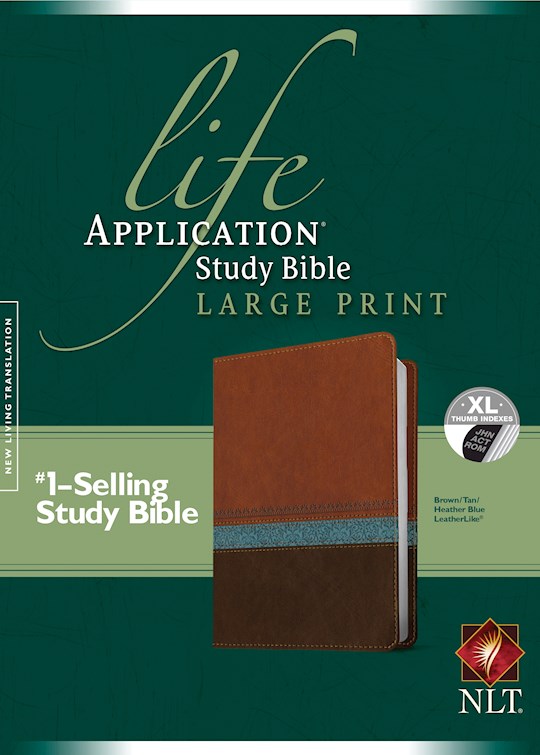 NLT Life Application Study Bible/Large Print-Brown/Tan/Heather Blue LeatherLike Indexed | SHOPtheWORD