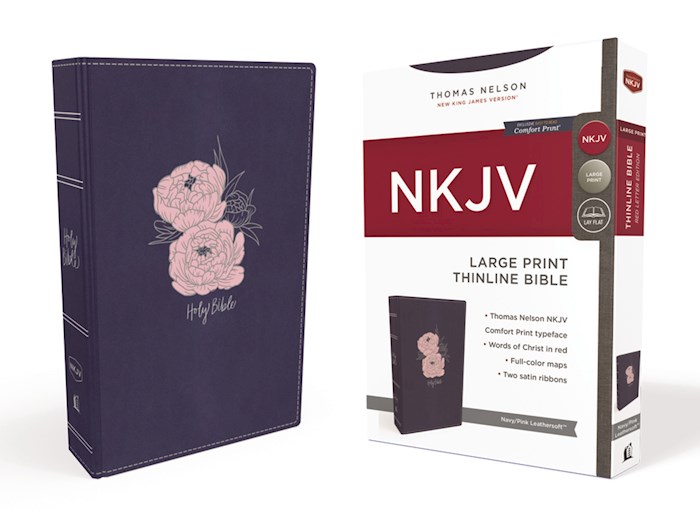 NKJV Thinline Bible/Large Print (Comfort Print)-Navy w/Pink Flowers Leathersoft | SHOPtheWORD