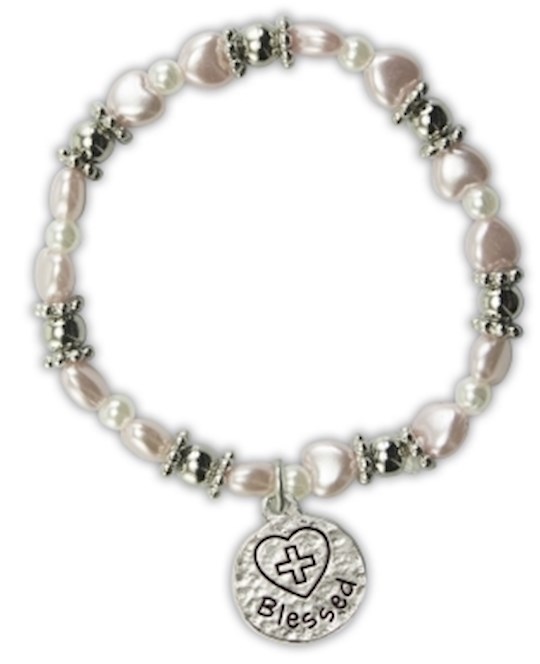Bracelet-First Communion Stretch w/Blessed Charm (Pink Pearl) | SHOPtheWORD