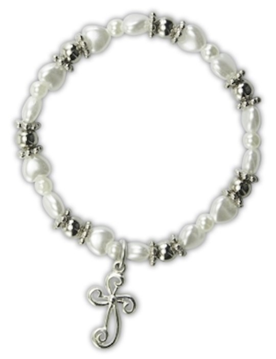 Bracelet-White Heart w/Cross Charm (White Pearl) | SHOPtheWORD