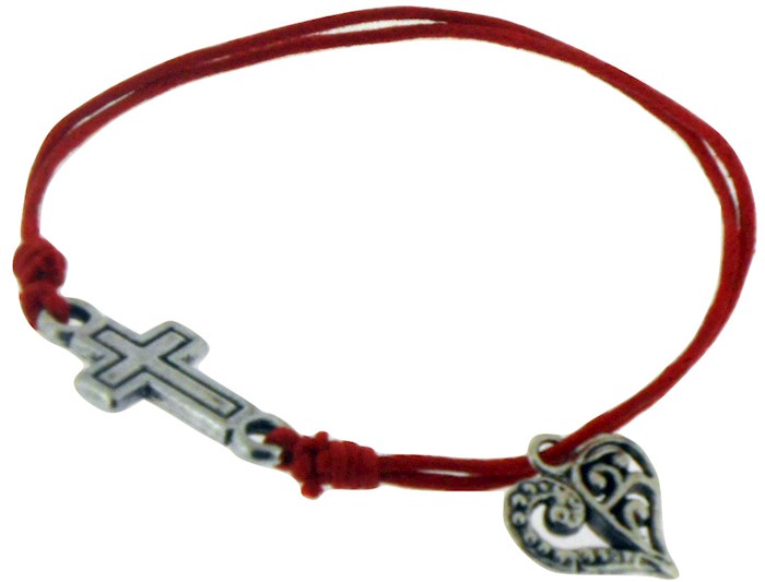 Bracelet-Red Cotton Adjustable Friendship With Cross Bead And Heart Charm (Pk/12) | SHOPtheWORD