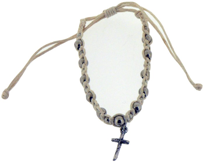 Bracelet-White Cotton Adjustable Friendship With Large Round Silver Beads and Crucifix Charm | SHOPtheWORD