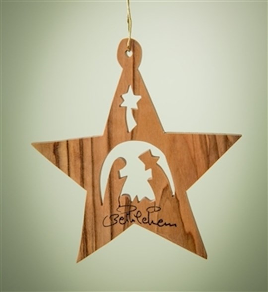 Ornament-Olive Wood-Star With Nativity (3