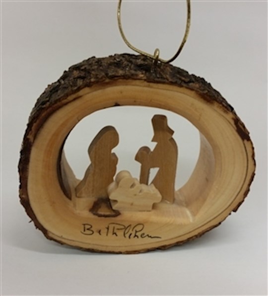Ornament-Olive Wood-Round Bark With Holy Family (3