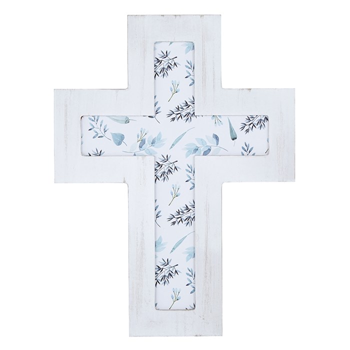 Wall Cross-White Wash w/Blue Floral Pattern (12
