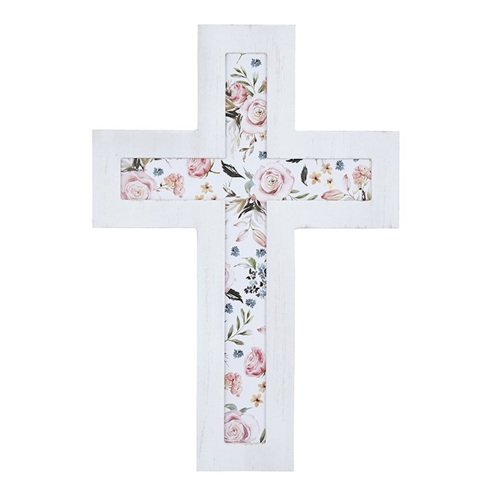 Wall Cross-White Wash w/Spring Floral Pattern (16
