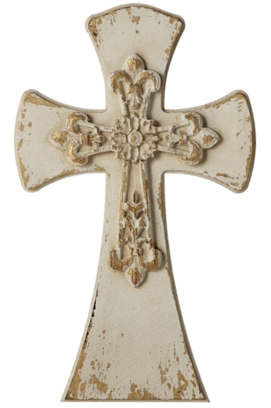 Layered Wall Cross-Distressed Ivory & Gold Scroll (11 3/8
