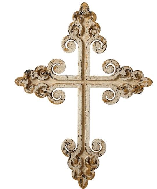 Distressed Wall Cross-Ivory/Black/Gold Scroll (22.5