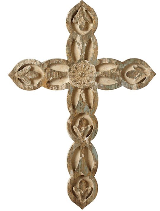 Distressed Wall Cross-Blue/Ivory/Gold Carved Leaf & Flower (20.75