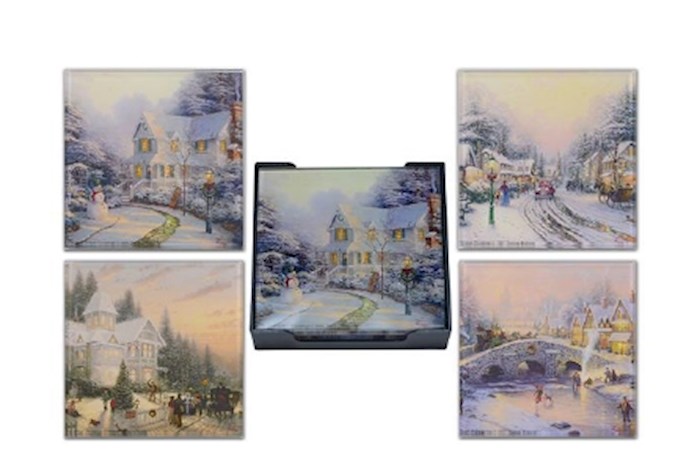 Glass Coaster Set w/Tray-Thomas Kinkade Winter Scenes (Set Of 4) | SHOPtheWORD