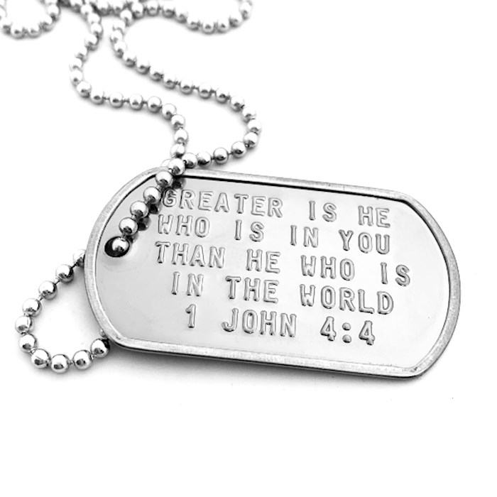 Necklace-Stainless-1 John 4:4 Military Dog Tag on 30