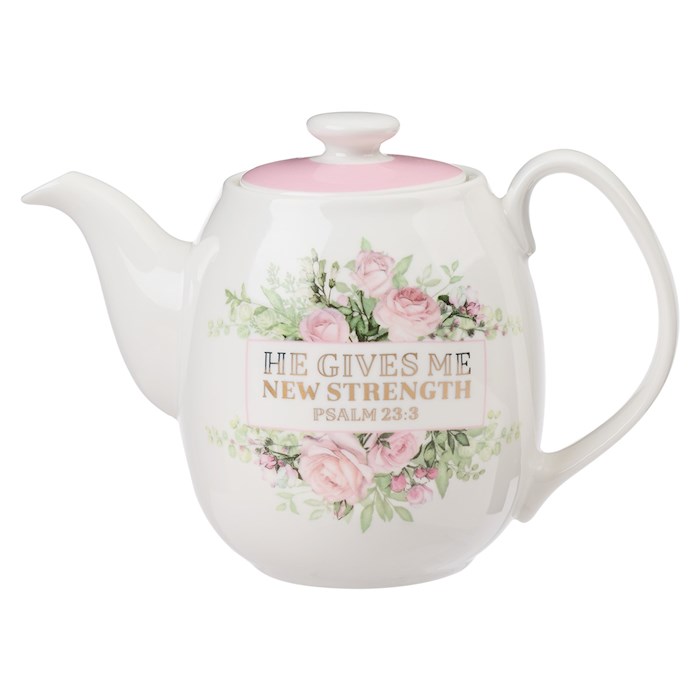 Teapot Ceramic He Gives Me New Strength Psalm 23:3 | SHOPtheWORD