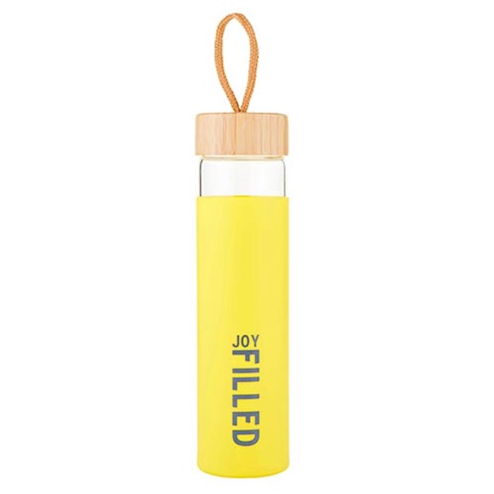 Glass Water Bottle-Joy Filled w/Silicone Sleeve, Bamboo Lid (10