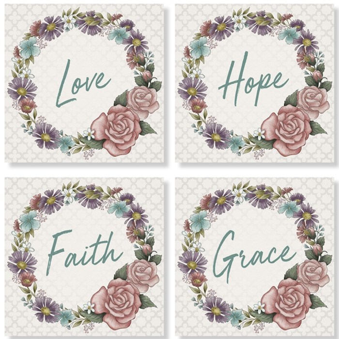 Square House Coasters-Floral Words (Set Of 4) (4